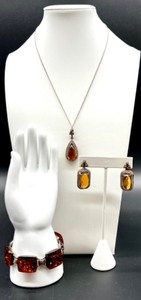 lot 178 image: Sterling Silver and Amber Jewelry Set - Pendant Necklace, Earrings, Bracelet