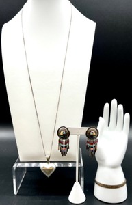 lot 179 image: Sterling Silver Heart Pendant Necklace, Bracelet and Native American Style Dangle Earrings Set