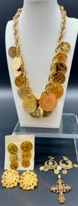 lot 182 image: Vintage Coin Motif Jewelry Set with Necklace, Earrings, and Pendant