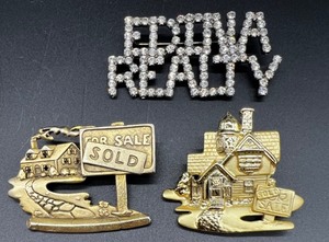lot 185 image: Set of 3 Realtor Brooch Pins including Edina Realty Rhinestone and Sold House Pins
