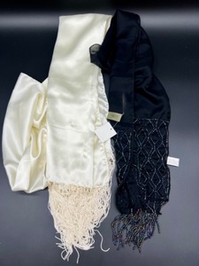 lot 187 image: Set of 2 Collection XIIX Scarves Ivory and Black with Fringe and Beaded Detail