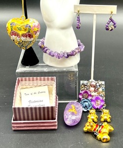 lot 193 image: Victorian Enameled Heart Pendant, Amethyst Jewelry, and Brooch Collection