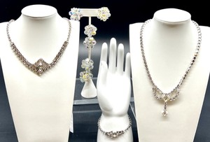lot 195 image: Vintage Rhinestone Jewelry Set with Clip-On Earrings, Necklaces, and Bracelet