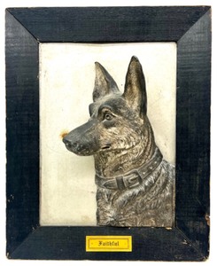 lot 201 image: Vintage 3D Tin on Wood Framed German Shepherd Relief Art Plaque Faithful
