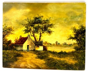 lot 203 image: Signed Oil Painting on Wood Board Rural Cottage Landscape
