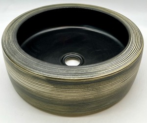 lot 207 image: Artisan Ceramic Vessel Sink 16 Inch Round Textured Black and Beige - NIB
