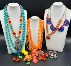 lot 214 image: Vintage Costume Jewelry Collection Beaded Necklaces, Brooches, and Clip-On and Pierced Earrings. Featuring Betsy Johnson Necklace