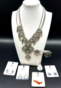 lot 215 image: Southwest-Style Statement Necklace with Turquoise Accents and 5 Pairs of Earrings including Christopher and Banks 