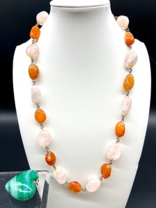 lot 216 image: Stone Bead Necklace with Pink and Orange Tones and Green Heart Pendant