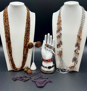 lot 218 image: Beaded Jewelry Set with Multistrand Necklaces, Bracelets and Clip-On Earrings