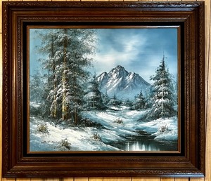 lot 227 image: Framed Signed Winter Mountain Landscape Oil Painting by Bob Kyle
