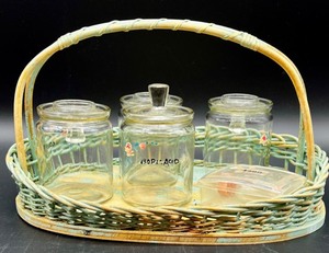 lot 228 image: Vintage Apothecary Glass Jars and Soap Dish Set with Wicker Basket