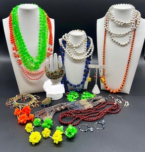 lot 239 image: Collection of Colorful Vintage Beaded Necklaces with Matching Earrings and Floral Clip-Ons