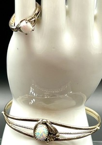 lot 130 image: Sterling Silver Opal Cuff Bracelet and Ring Set Signed C. Yazzie