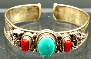 lot 132 image: Vintage Sterling Silver Cuff Bracelet with Turquoise and Coral Stones