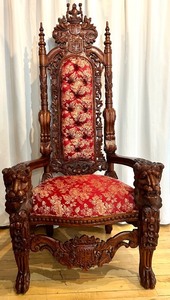 lot 8A image: Ornate Antique Carved Throne Chair with Red Floral Upholstery and Lion Head Arms