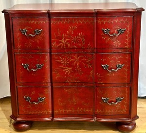 lot 8B image: Red Hand-Painted Floral 3-Drawer Chest with Decorative Hardware