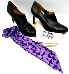lot 144 image: Coach Black Leather High Heel Booties Size 9 with Purple Coach Scarf and Dust Bag