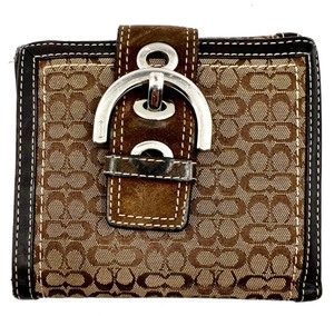 lot 146 image: Coach Signature Brown Leather and Canvas Wallet with Buckle Accent