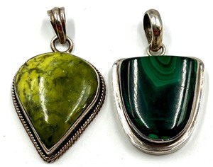 lot 252 image: Set of 2 Sterling Silver Gemstone Pendants with Malachite and Green Stone