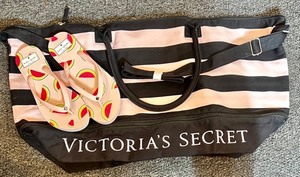 lot 260 image: Kate Spade Watermelon Flip Flops (Size 7) and Victorias Secret Striped Duffel Bag
