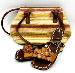 lot 261 image: Cappelli Straworld Woven Shoulder Bag from Sandals Resort with Leather Floral Sandals Set