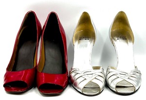 lot 265 image: Set of 2 Womens Peep Toe Heels - Stuart Weitzman Silver and Red Patent Pumps