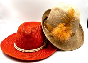 lot 268 image: Set of 2 Womens Hats - Tan Fedora with Feather and Orange Woven Hat with Tag