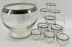 lot 87A image: Indiana Glass Punch Bowl with Silver Trim and 12 Matching Cups