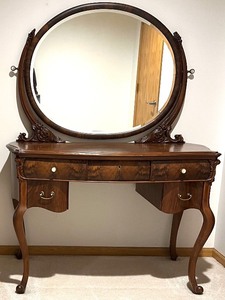 Antique Vanity Table with Carved Mirror and Drawers