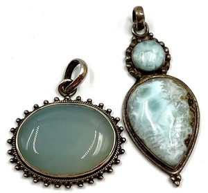 lot 250 image: Lot of 2 Sterling Silver Gemstone Pendants with Larimar and Blue Chalcedony