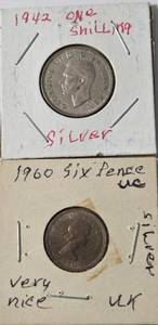 lot 39 image: 1942 One Shilling - Silver Coin and 1960 Six Pence - Silver Coin