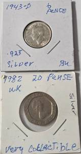 lot 54 image: 1943D Silver 6 Pence and 1982 Silver 20 Pence