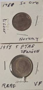 lot 40 image: 1968 Silver 50 Ore  Coin and 1957 Silver 5 PTA S Spanish  Coin - Rare