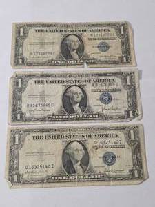 lot 72 image: 1935- D   1 Dollar Silver Certificate Blue Note,  1935 -E   1 Dollar Silver Certificate Blue Note,  1935 -F   1 Dollar  Silver Certificate Blue Note