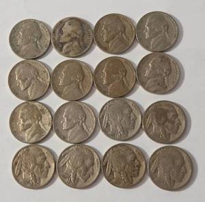 lot 26 image: 10 Jefferson War Nickels (35% silver) and 6 Buffalo Nickels (Readable)