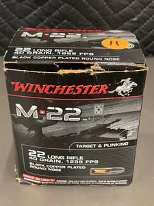 lot 20 image: Winchester M-22 22 Long Rifle Ammo 40 Grain 1255 FPS Black Copper Plated Round Nose