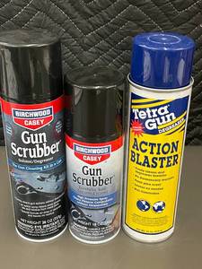 lot 33 image: Lot of 3 Firearm Cleaning and Degreasing Sprays - Gun Scrubber and Tetra Gun