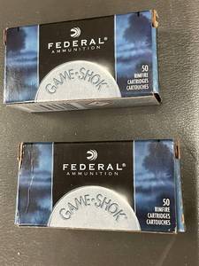 lot 44 image: 2 Boxes Federal Game-Shok .22LR 38gr HP Rimfire Cartridges (50 Each)