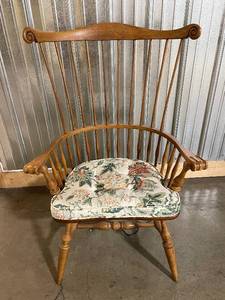 lot 49 image: Windsor-Style Wooden Armchair with Floral Cushion