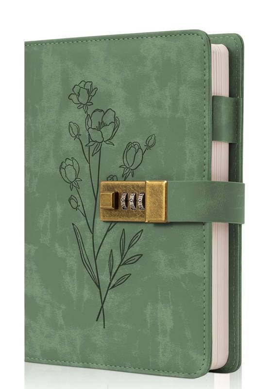 lot 39F image: Combination Lock Diary for Women with Flower Design, Green - Brand New