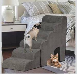 lot 157 image: Dog and Cat Stairs for Bed, 6-Step Foam Pet Steps, Grey - Brand New B