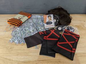 lot 177 image: Halloween Accessories Tights, Sleeves, Wig, Glasses, and Sequin Belly Dance Skirt - Brand New