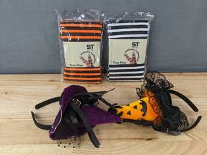 lot 204 image: Halloween Costume Accessories 2 Plus Size Tights & 2 Witch Headbands - Brand New