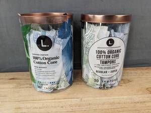 lot 216 image: 60 L. Organic Cotton Core Tampons, Regular & Super - Brand New