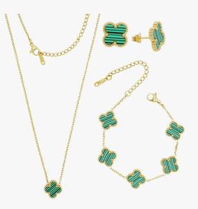 lot 224 image: 18k Gold Plated Green Clover Necklace, Bracelet, Earrings - Brand New