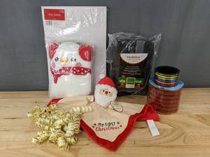 lot 242 image: Holiday Gift Wrap Shirt Boxes, Wreath Storage Bag, Blanket, Ribbons, Plush - Brand New