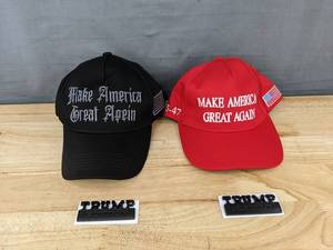 lot 37E image: 2 Make America Great Again Hats and 2 Trump Edition Car Decals - Brand New
