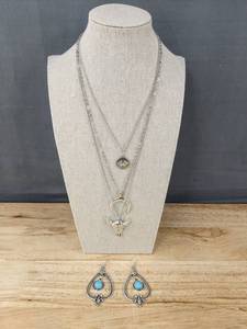 lot 338 image: Layered Silvertone Necklace Set with Turquoise-Style Earrings - Brand New