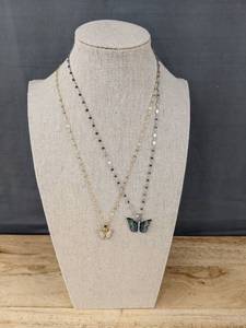 lot 91E image: 2 Butterfly Pendant Necklaces, Gold-Tone and Silver-Tone - Brand New